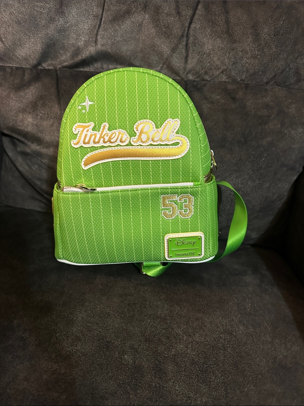 Loungefly Tinker Bell Jersey Bright Green Mini Backpack with Gold Accents